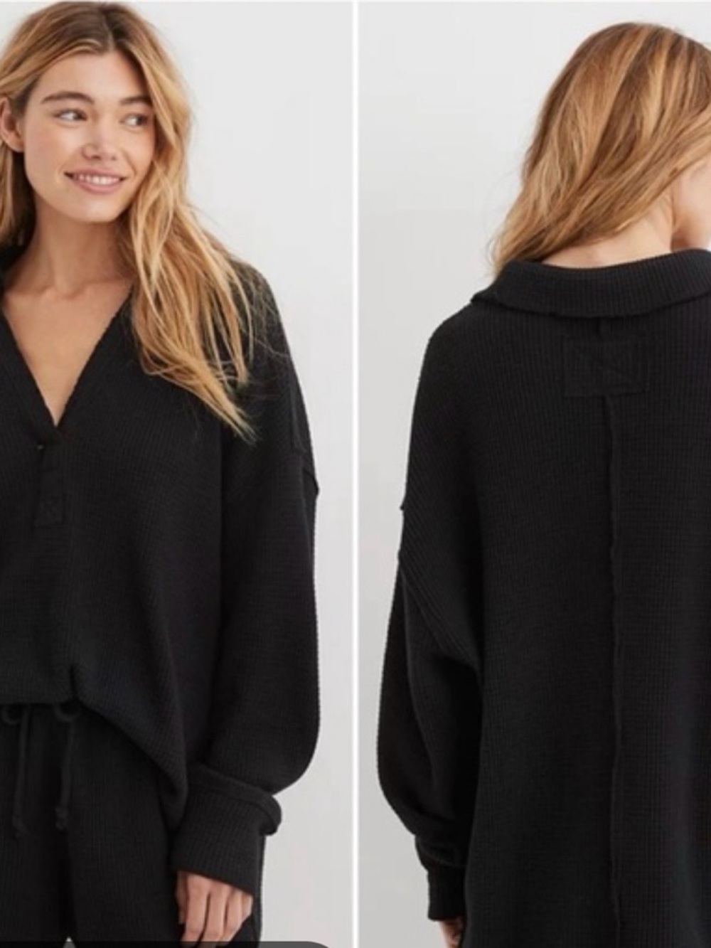 Aerie Waffle Lumberjane Sweatshirt Black V-Neck Oversized Hi-Low Hem Size Large
